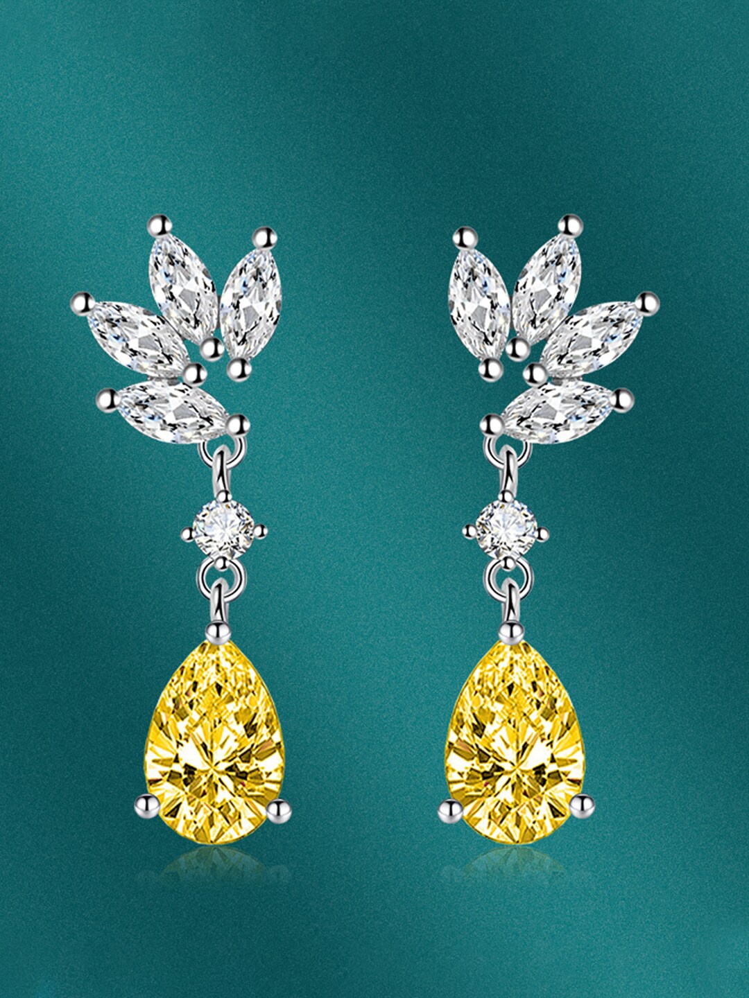 

Designs & You Silver-Plated CZ-Studded Teardrop Shaped Drop Earrings