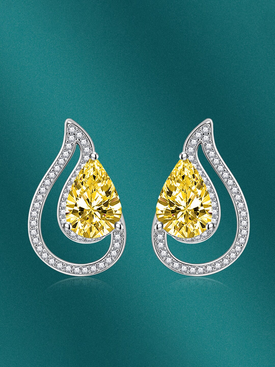 

Designs & You Silver-Plated CZ Studded Teardrop Shaped Stud Earrings