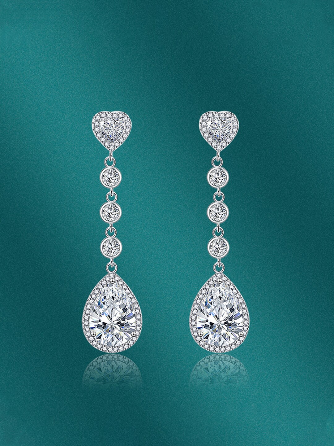 

Designs & You Silver-Plated CZ Studded Teardrop Shaped Drop Earrings