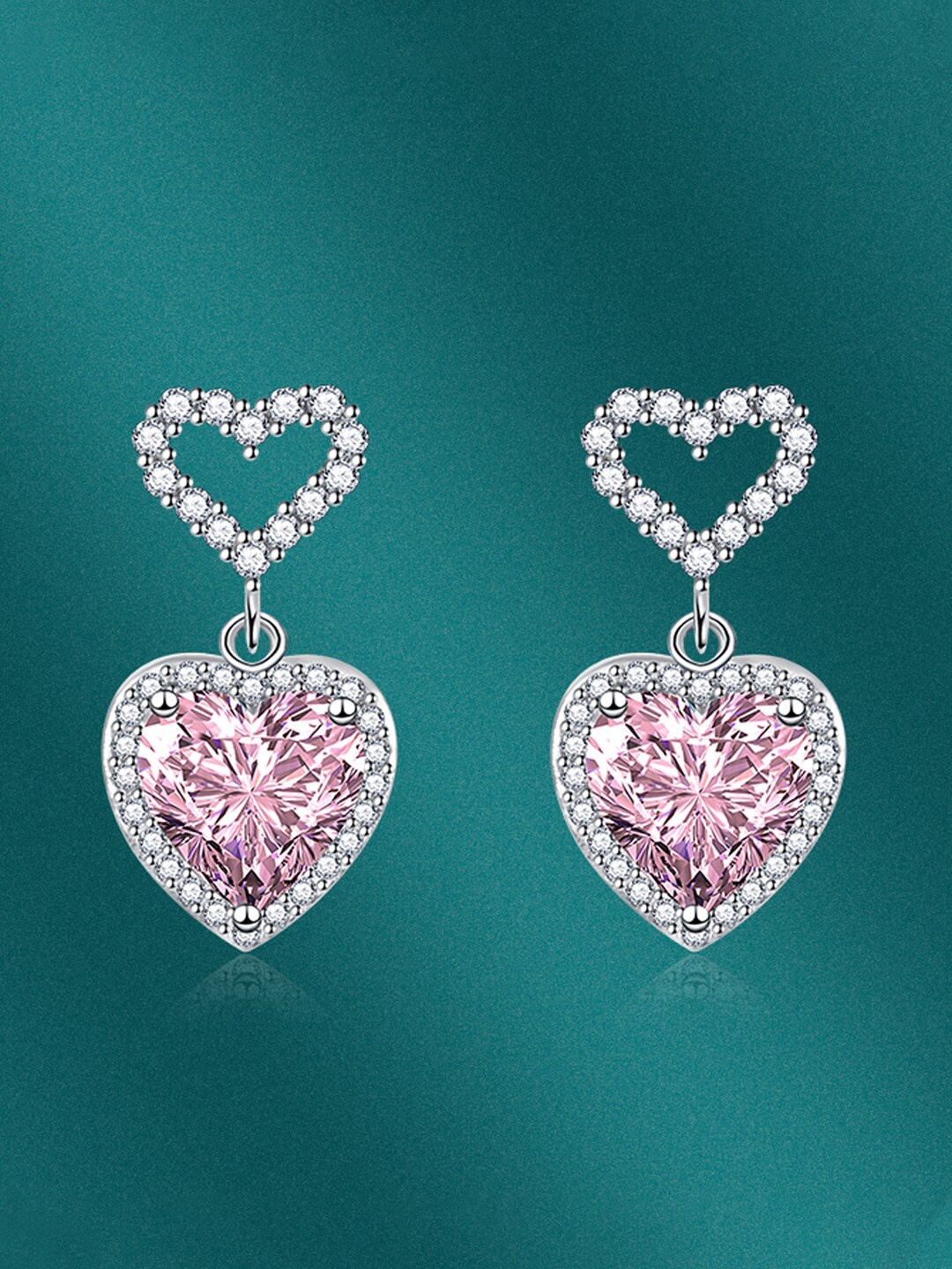 

Designs & You Silver-Plated Heart Shaped Cubic Zirconia Drop Earrings