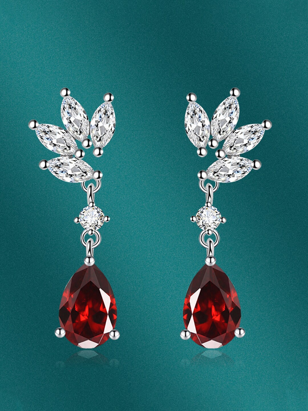 

Designs & You Silver-Plated CZ-Studded Teardrop Shaped Drop Earrings