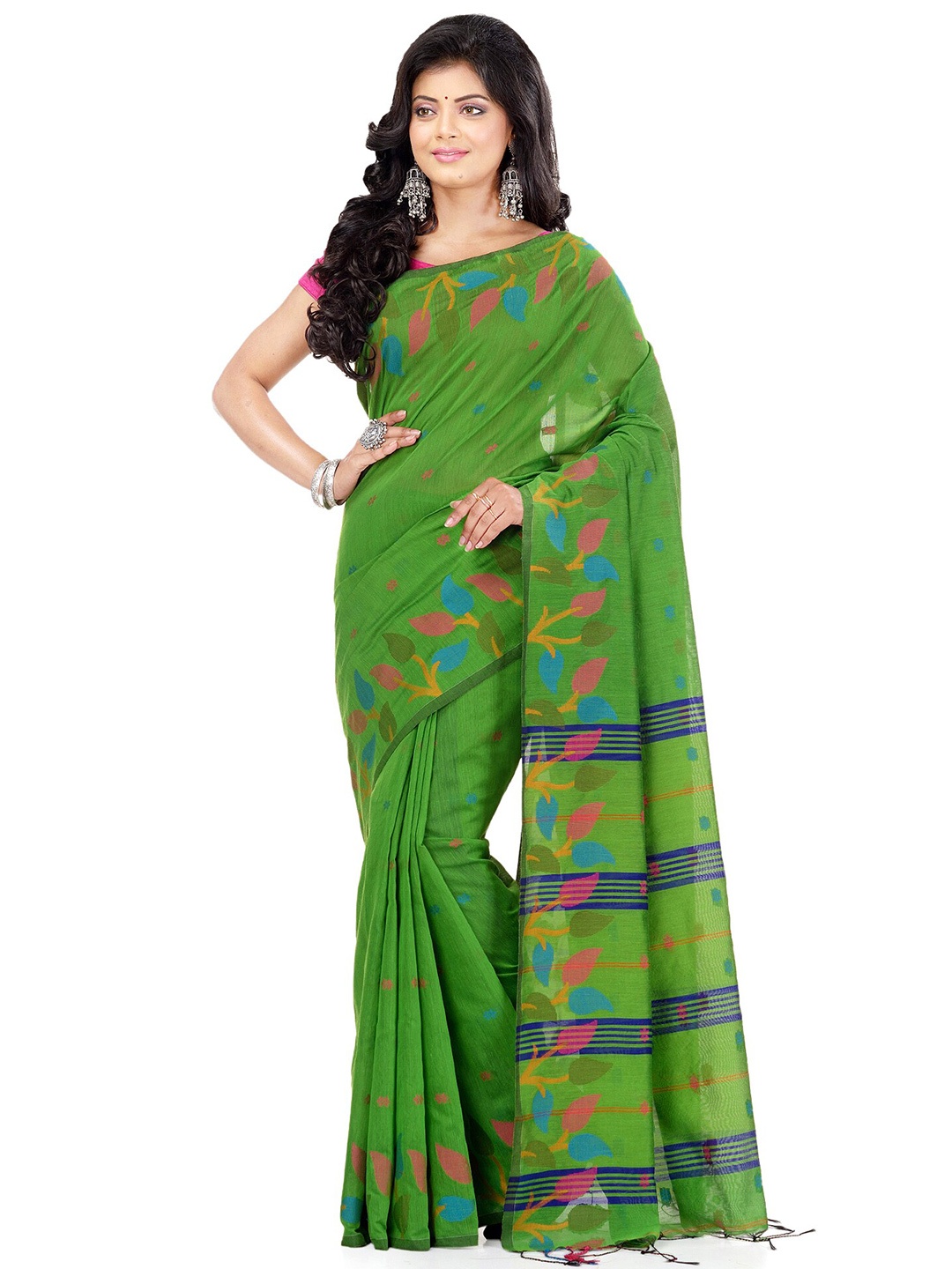 

WoodenTant Woven Design Silk Cotton Saree, Green