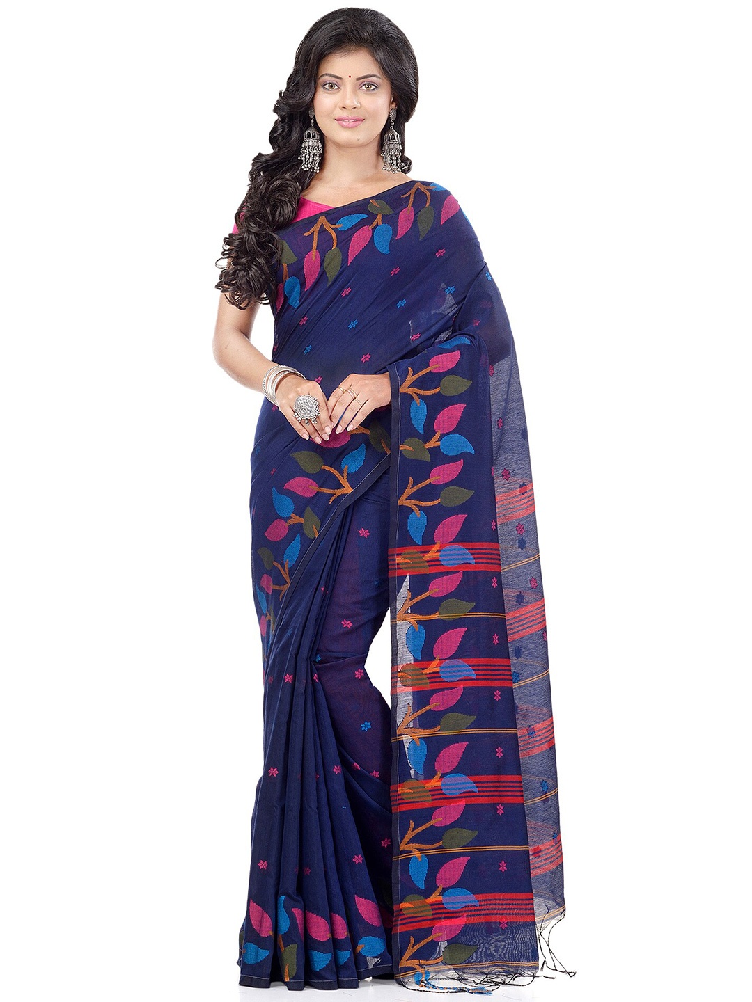 

WoodenTant Woven Design Silk Cotton Saree, Navy blue