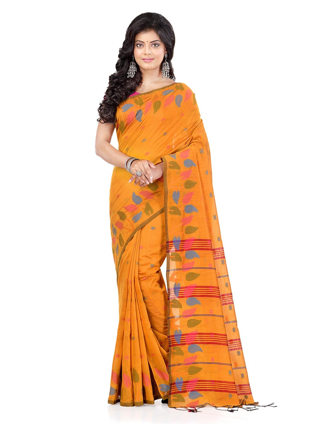 

WoodenTant Woven Design Silk Cotton Saree, Mustard