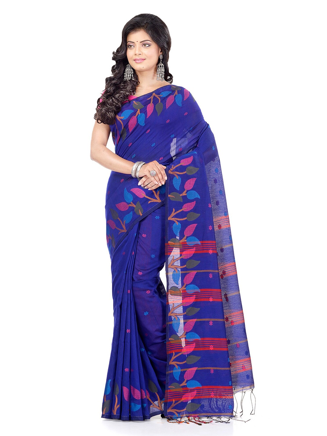 

WoodenTant Floral Woven Design Cotton Silk Saree, Blue