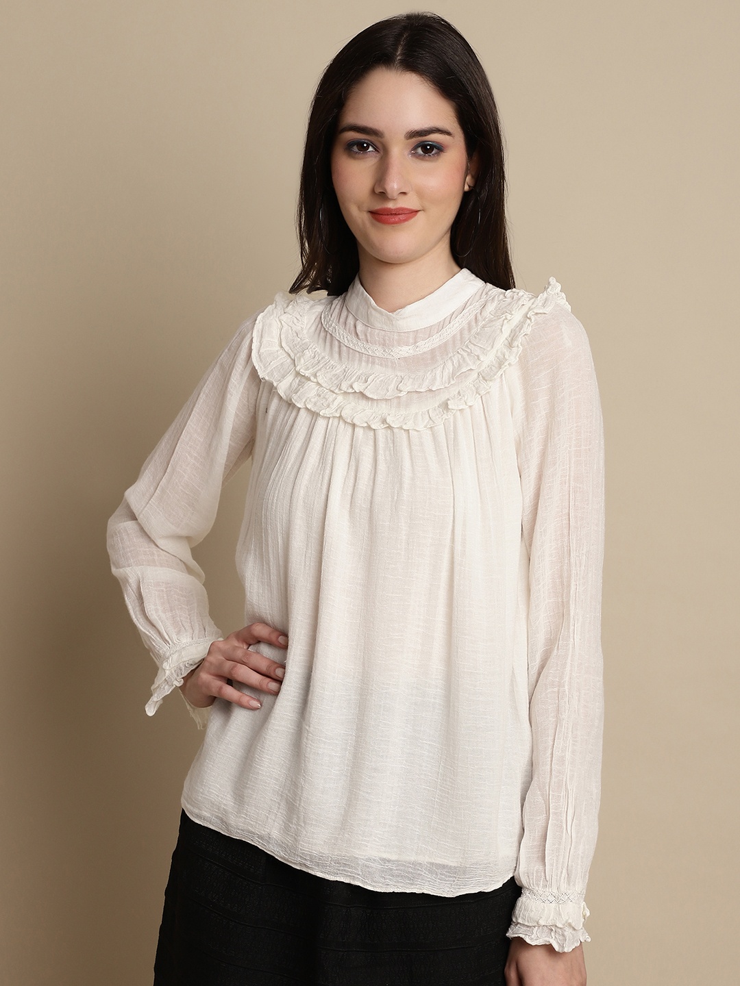 

NoBarr High Neck Ruffles Detail Cotton Top, White