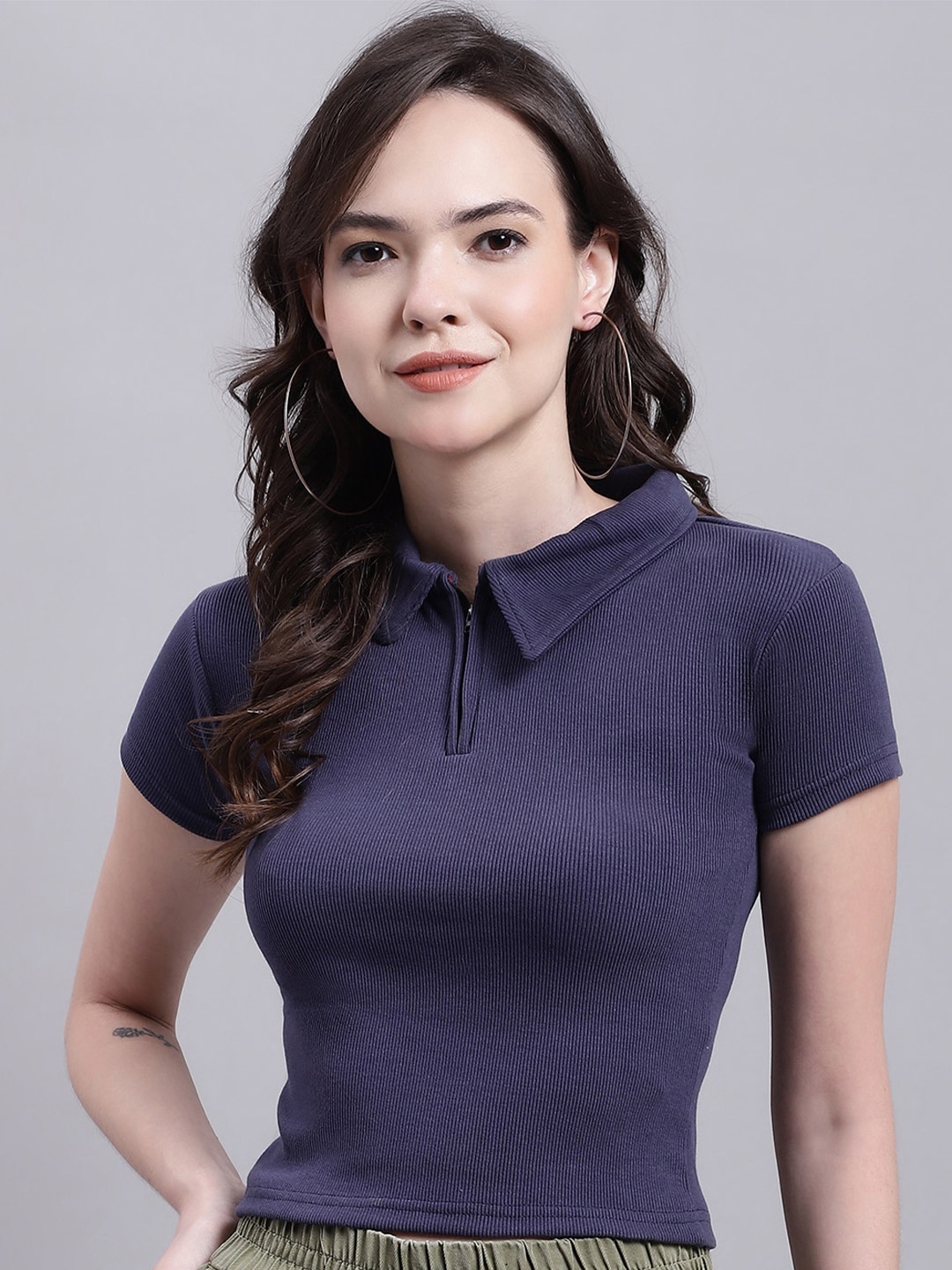 

NoBarr Shirt Collar Knitted Cotton Top, Blue