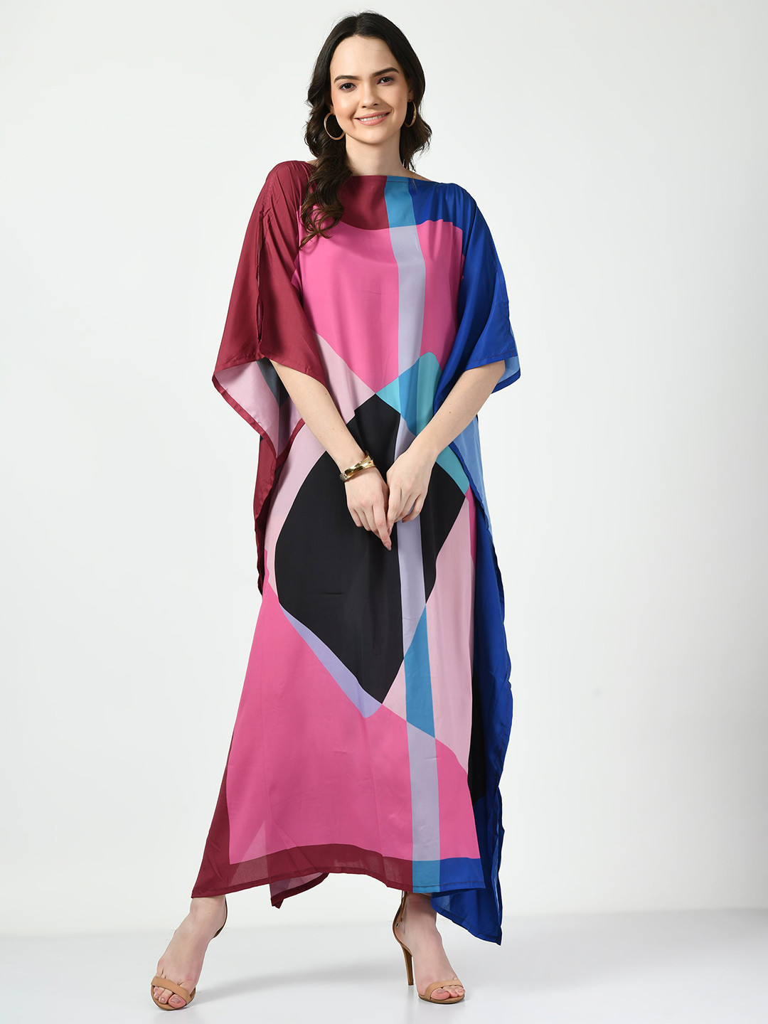 

Navvi Colourblocked Boat Neck Kimono Sleeve Kaftan Dress, Pink