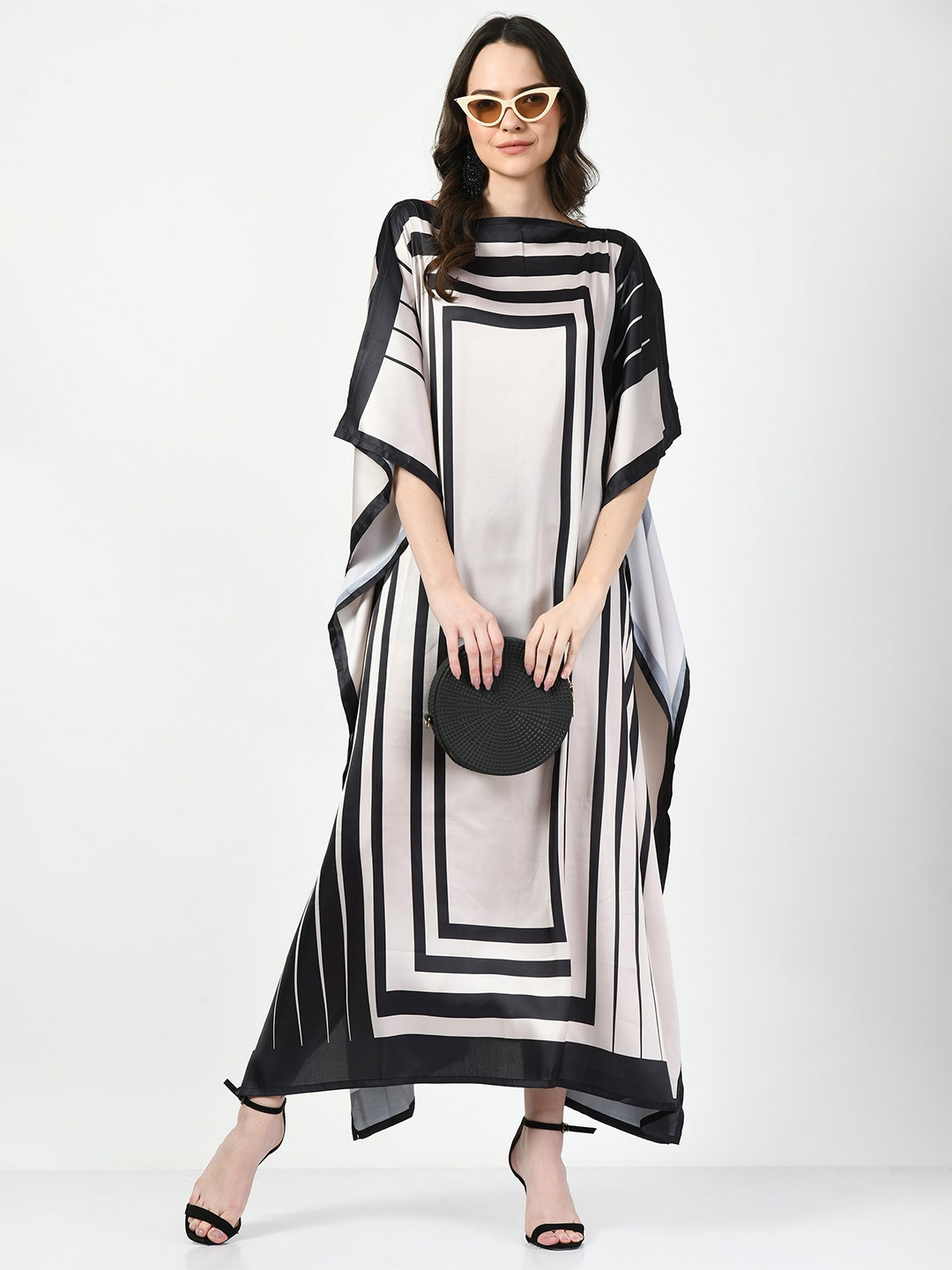 

Navvi Geometric Print Satin Kaftan Dress, Off white