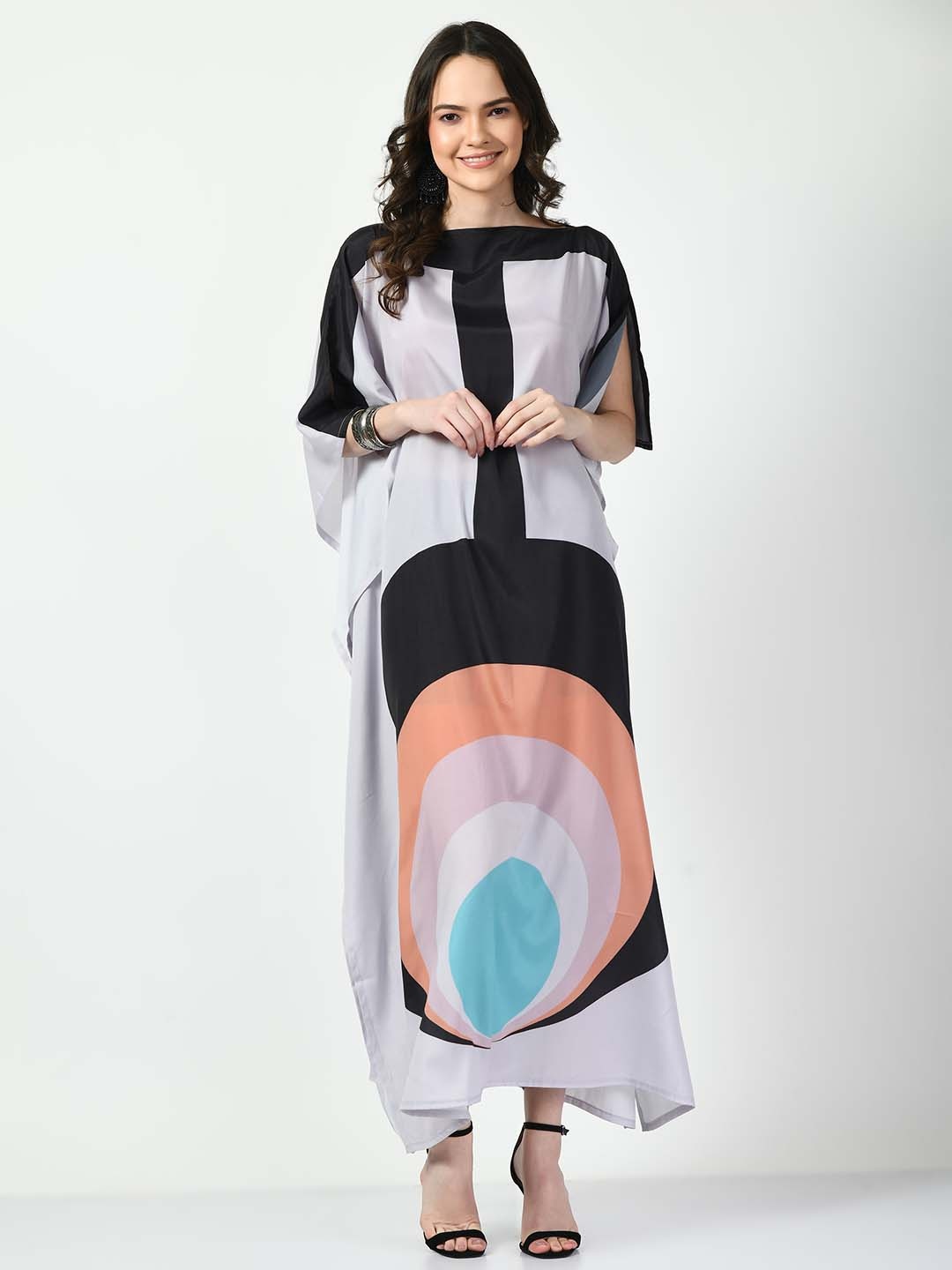 

Navvi Geometric Printed High Neck Extended Sleeves Satin Kaftan Maxi Dress, Black