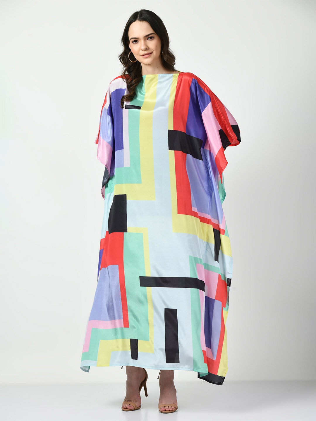 

Navvi Colourblocked Kimono Sleeves Kaftan Maxi Dress, Blue