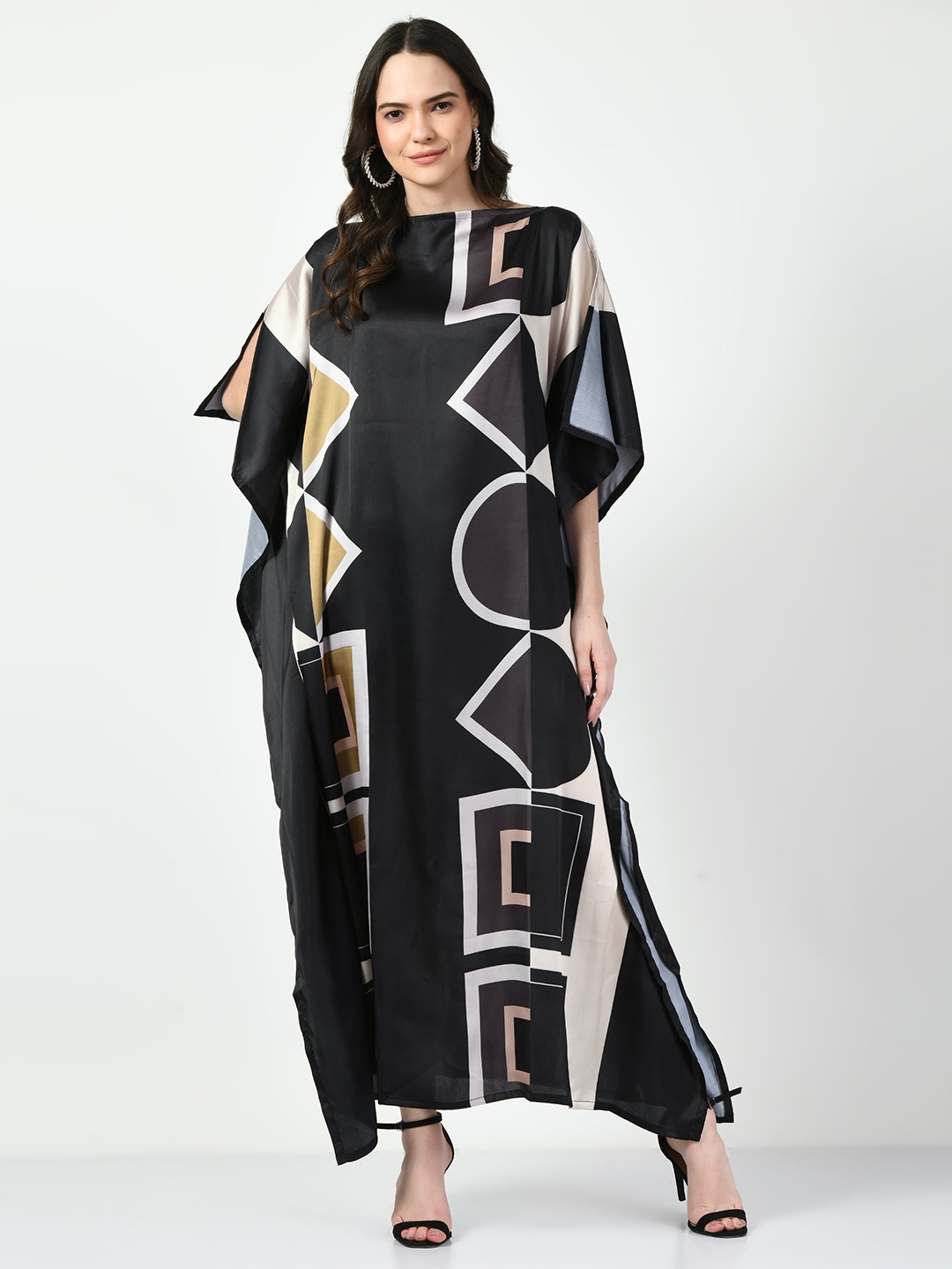 

Navvi Geometric Printed Satin Kaftan Maxi Dress, Black