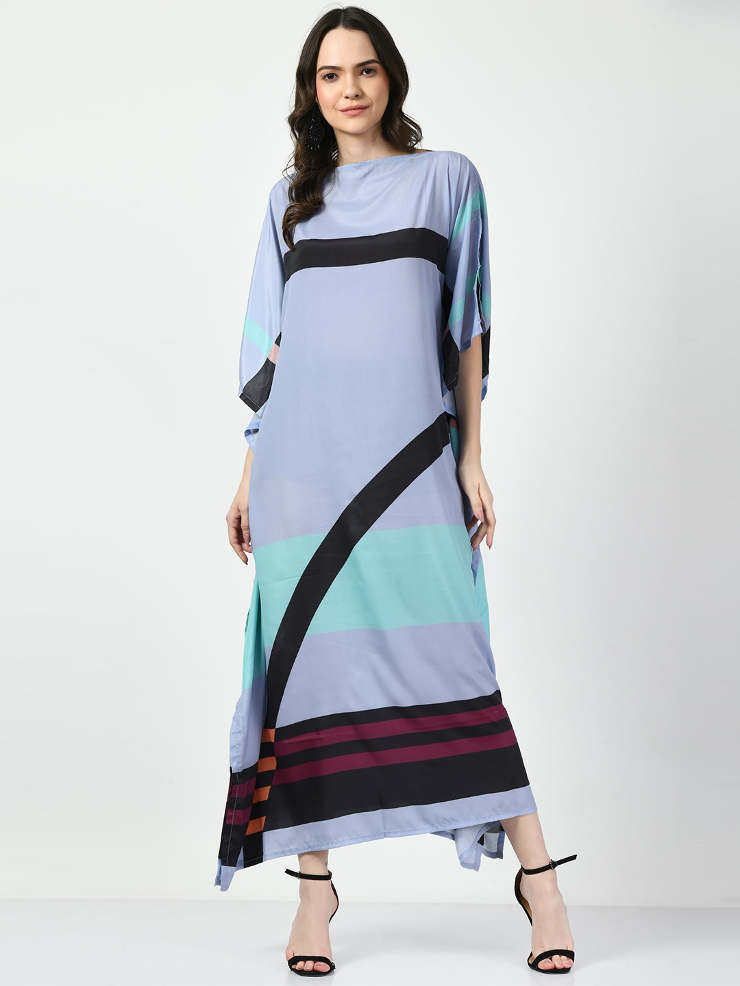 

Navvi Striped Printed Slit Sleeve Maxi Dress, Blue