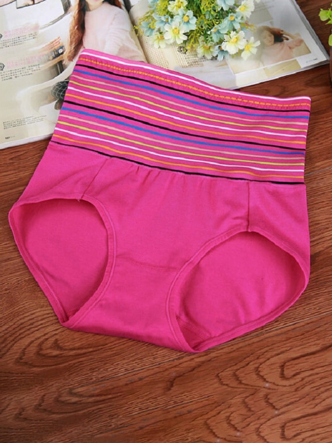 

PLUMBURY Striped High-Rise Tummy Control Hipster Briefs, Pink