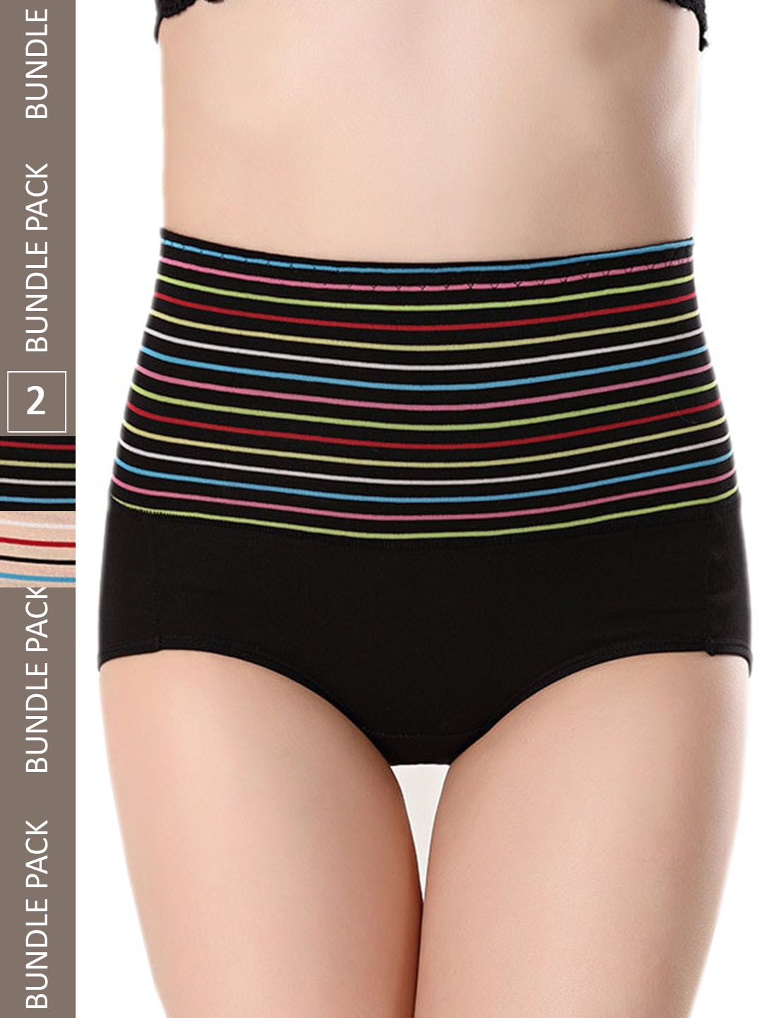 

PLUMBURY Pack of 2 Striped High-Rise Tummy Shaper, Beige