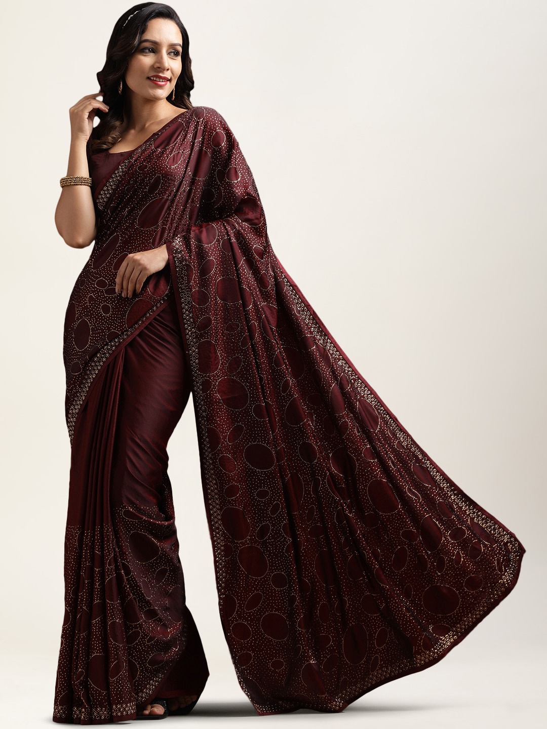 

kasee Beads & Stones Embellished Satin Saree, Burgundy