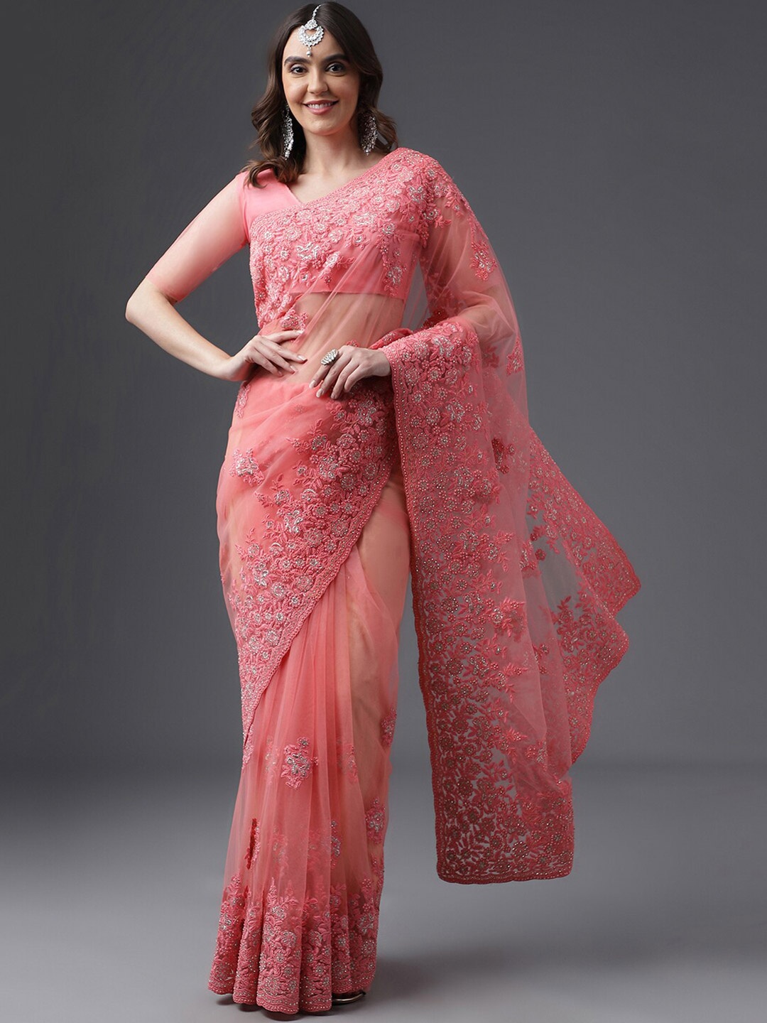 

kasee Embellished Beads and Stones Net Saree, Pink