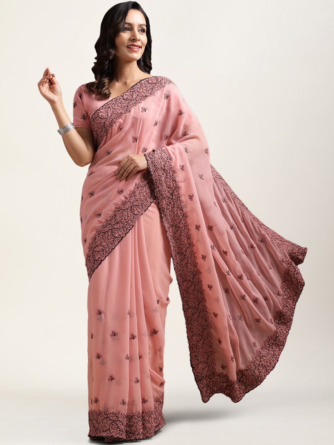 

kasee Floral Embroidered Poly Georgette Saree, Pink