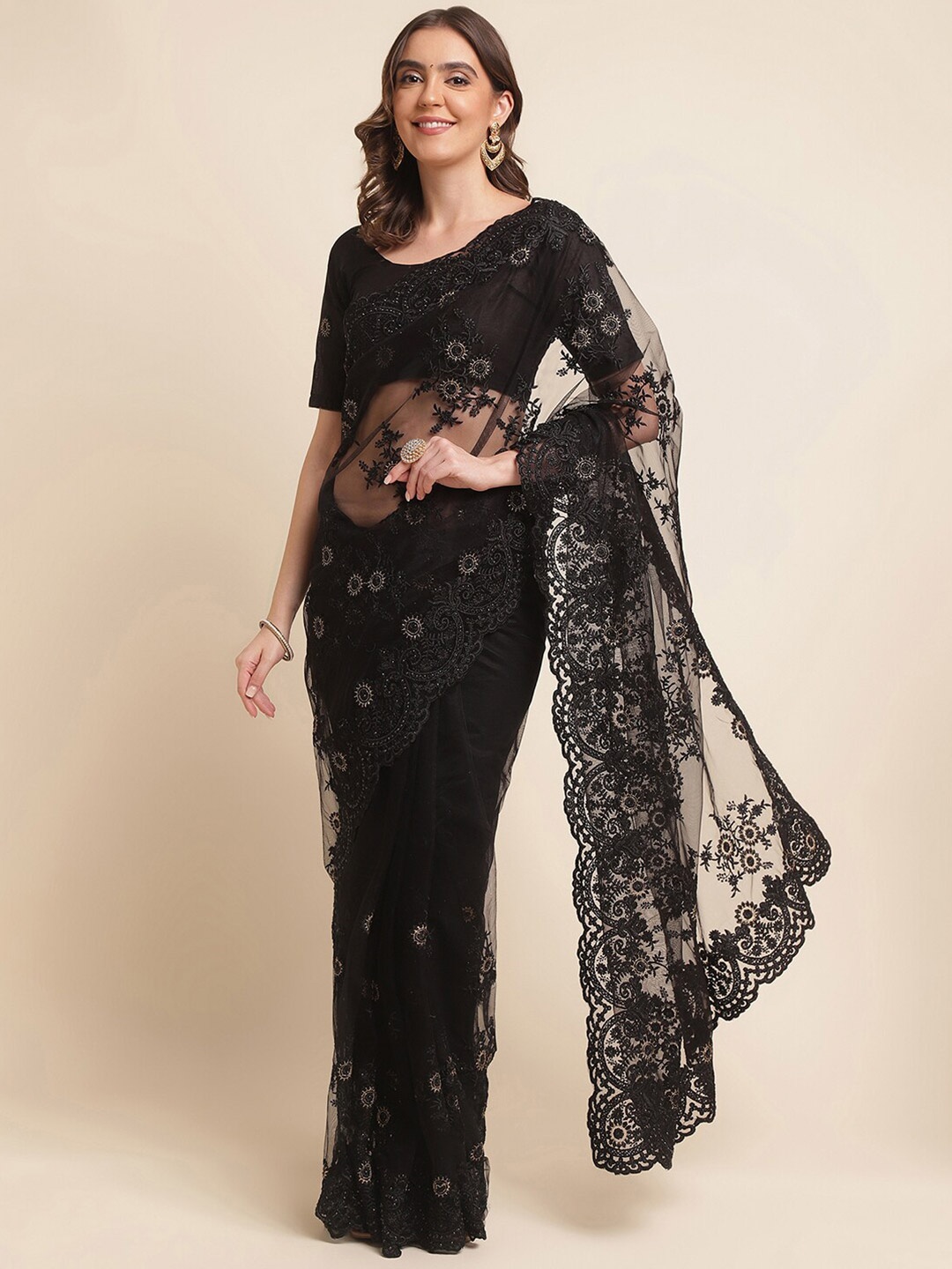 

kasee Floral Embroidered Net Saree, Black