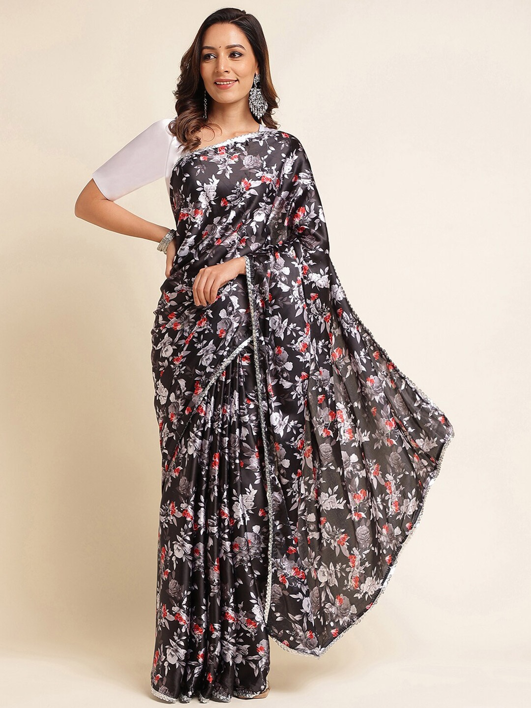 

kasee Floral Printed Sequined Satin Saree, Black