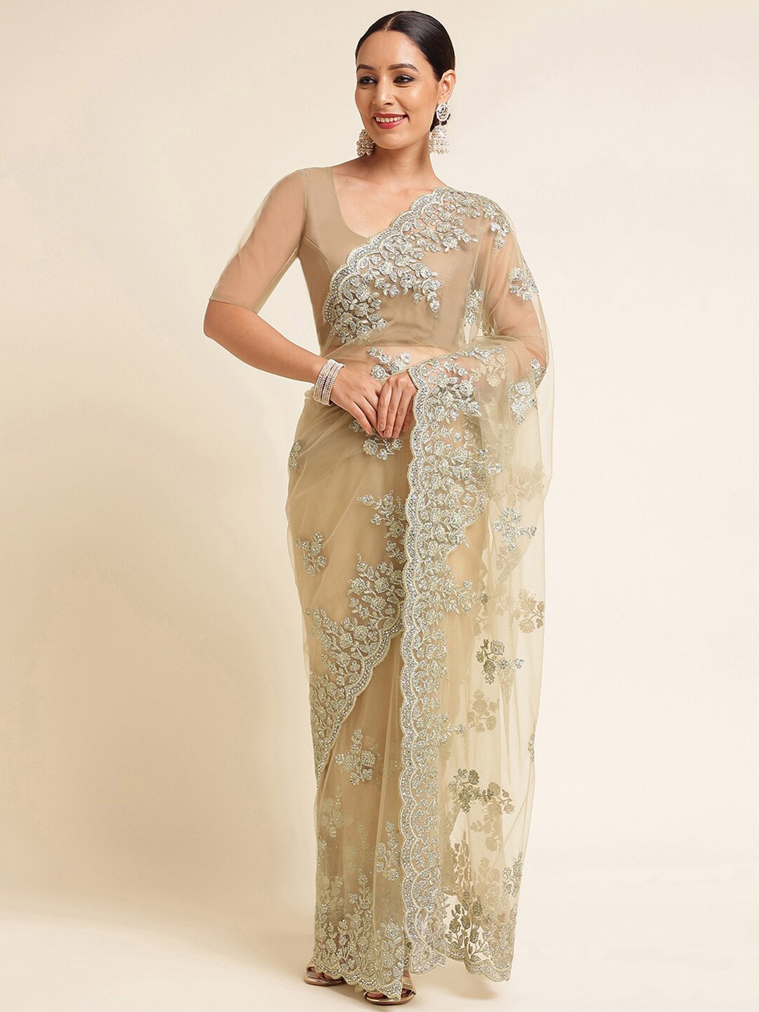 

kasee Floral Embroidered Net Saree, Green