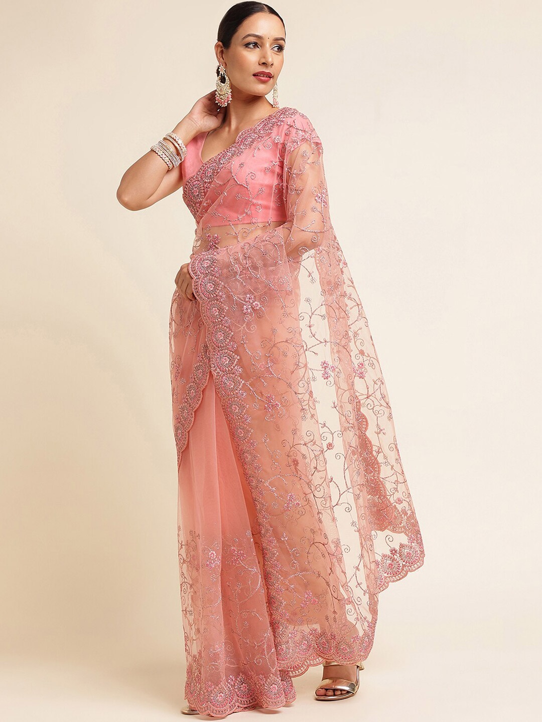 

kasee Floral Embroidered Net Saree, Pink