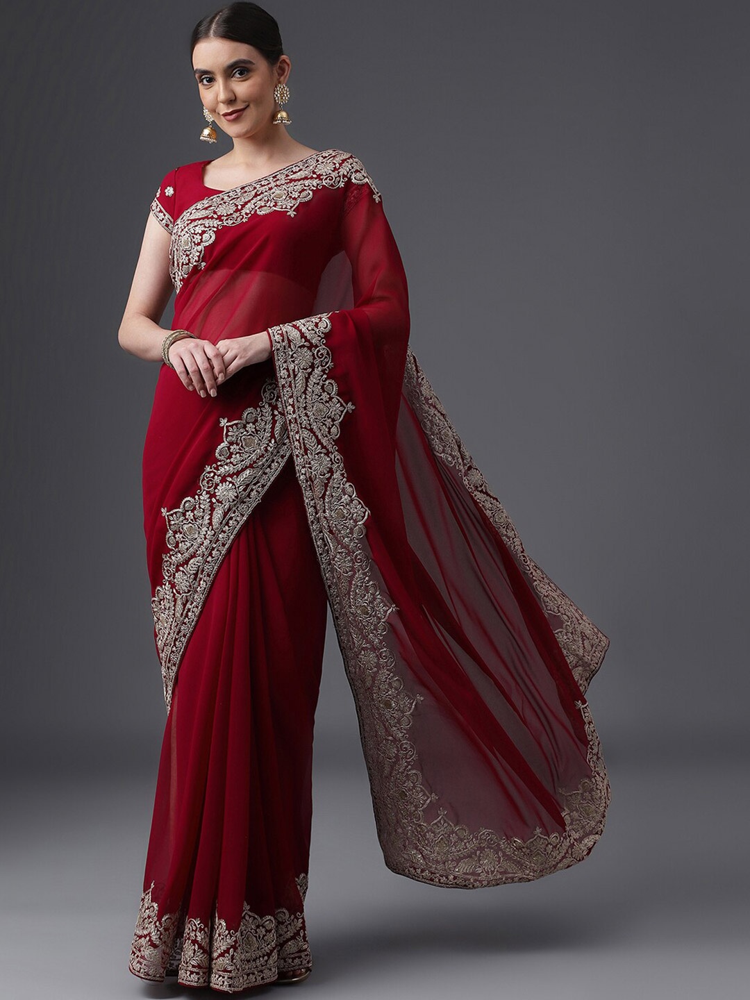 

kasee Embroidered Poly Georgette Saree, Maroon