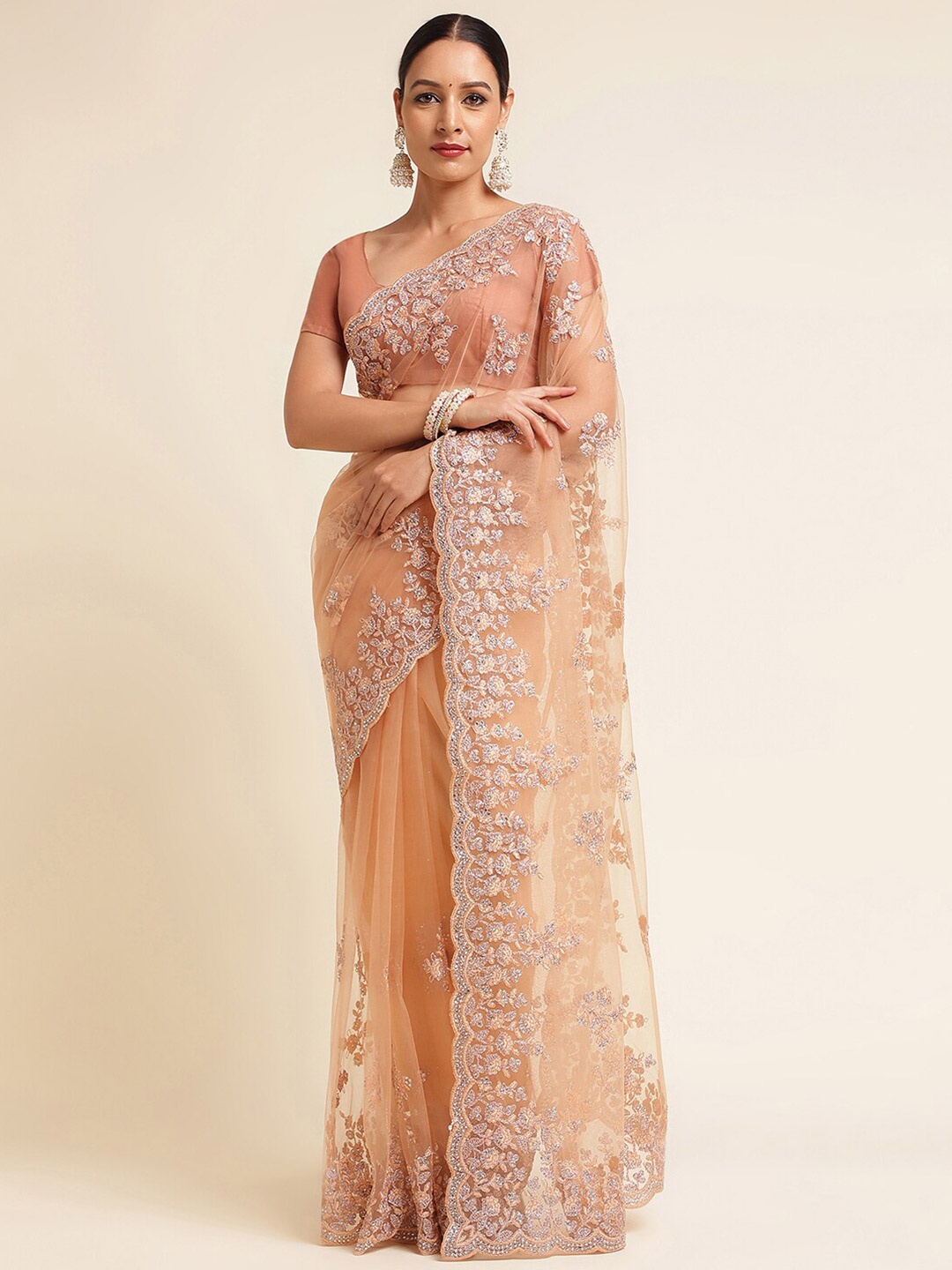 

kasee Floral Embroidered Net Saree, Peach