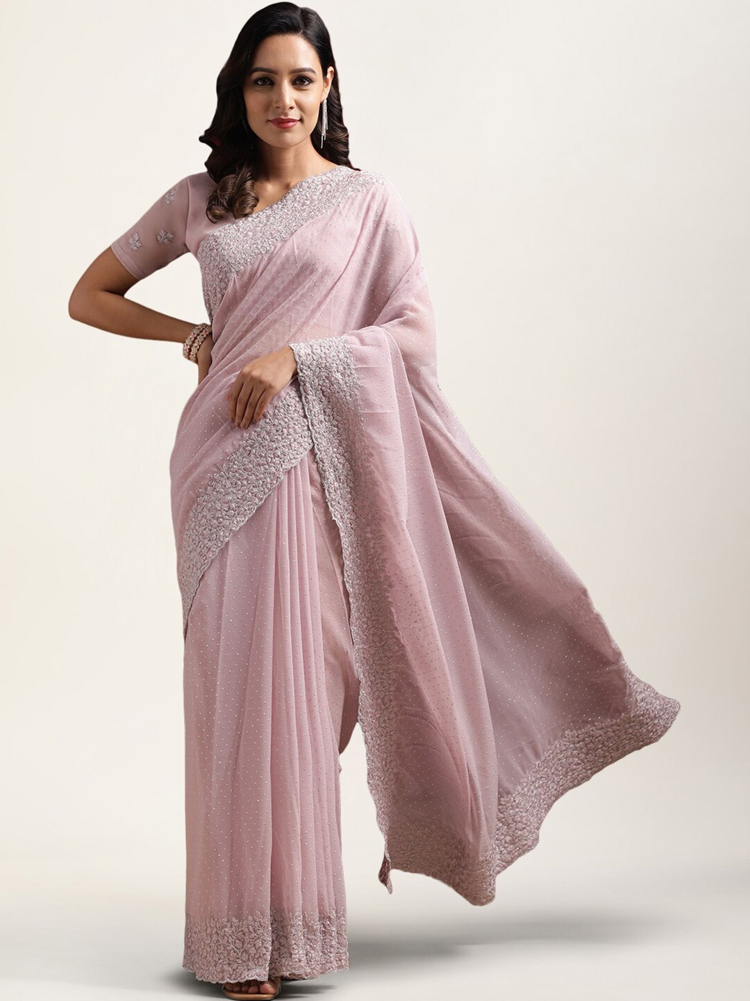 

kasee Embellished Embroidered Poly Georgette Saree, Pink