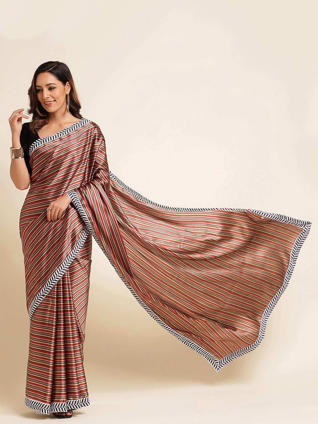

kasee Striped Satin Saree, Red