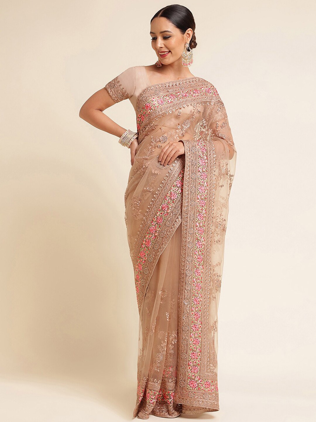 

kasee Floral Embroidered Net Saree, Beige