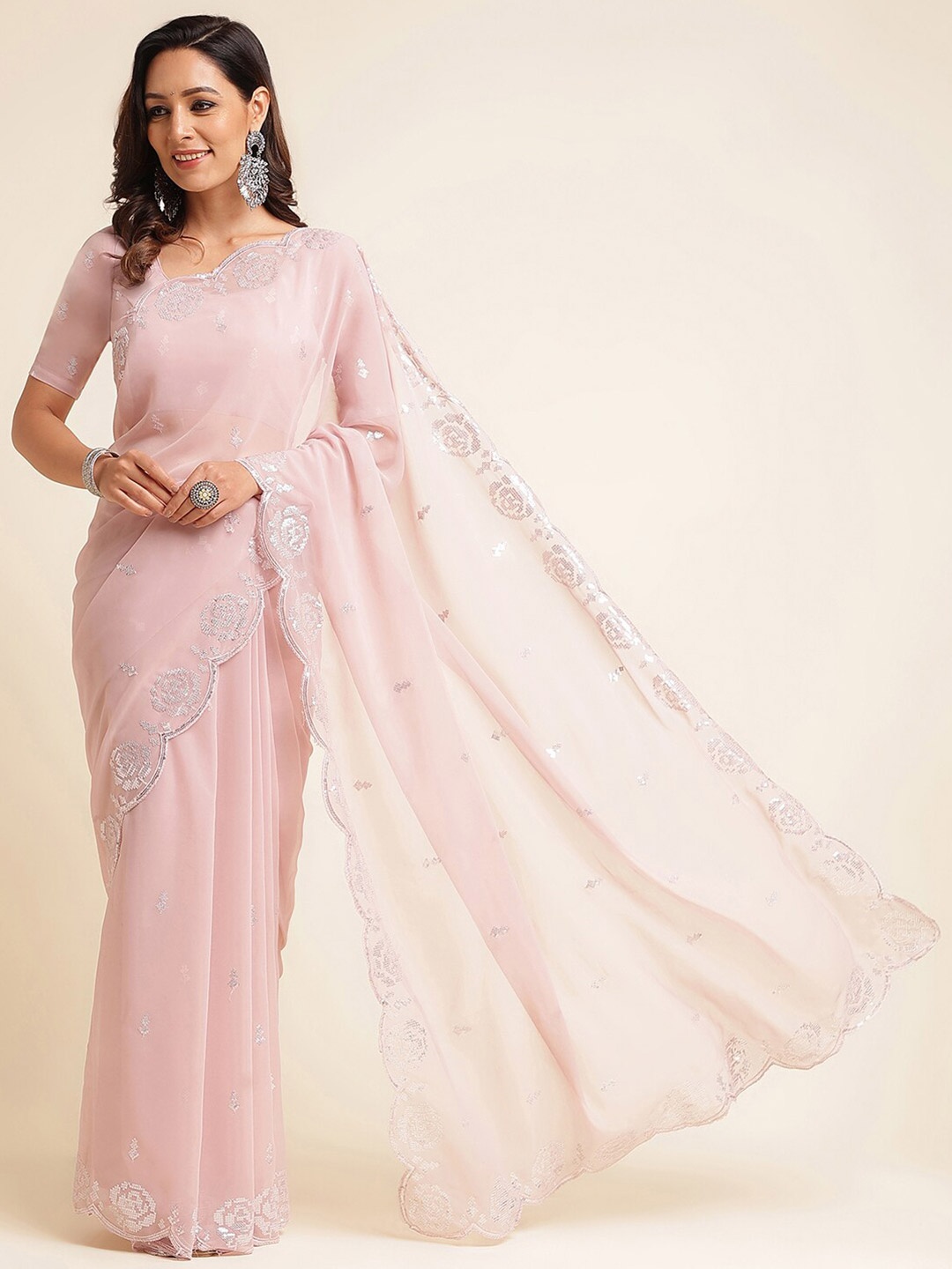 

kasee Embellished Sequinned Poly Georgette Saree, Pink