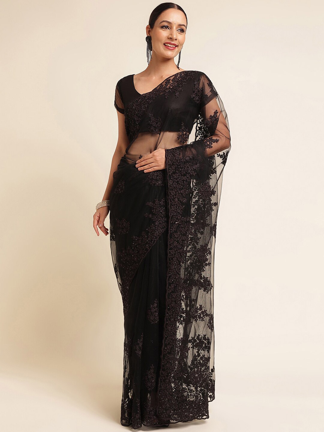 

kasee Ethnic Motifs Embroidered Net Saree, Black
