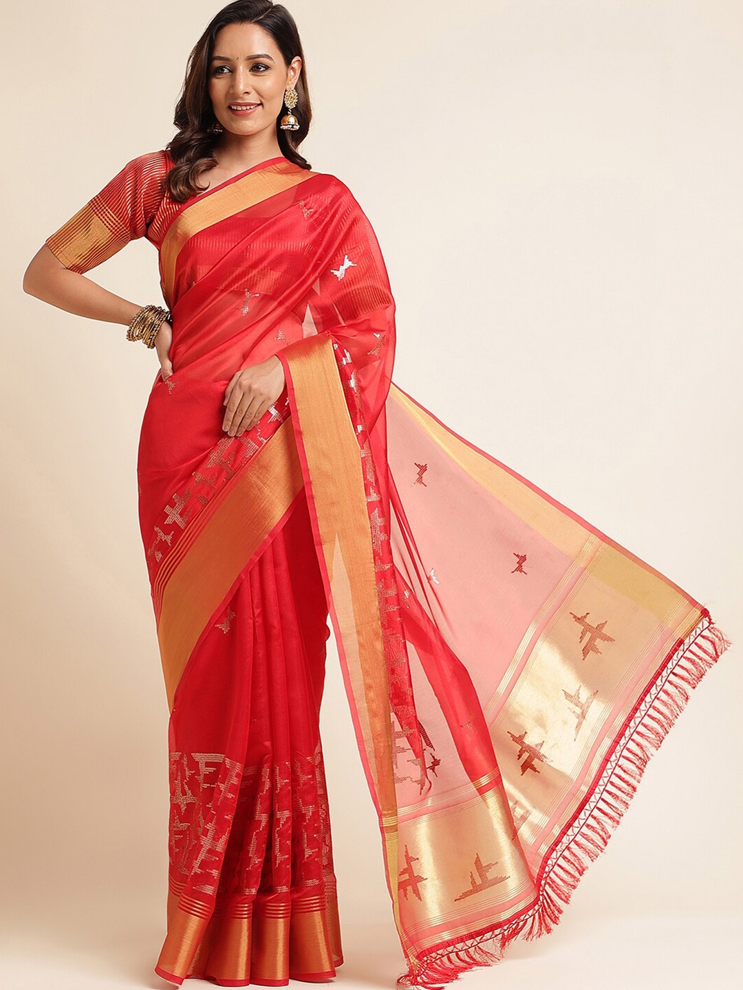 

kasee Woven Design Zari Silk Blend Saree, Red