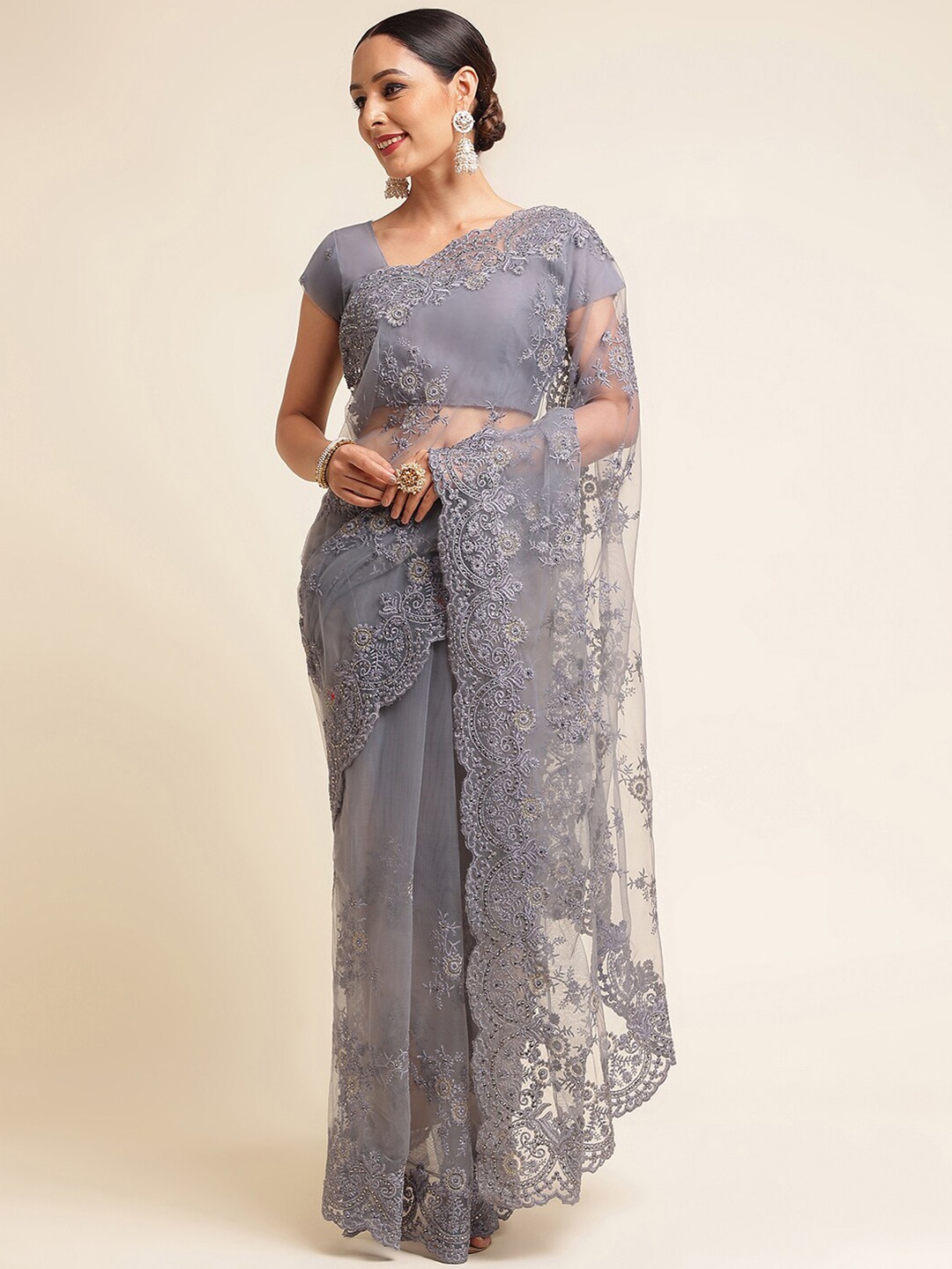 

kasee Floral Embroidered Net Saree, Grey