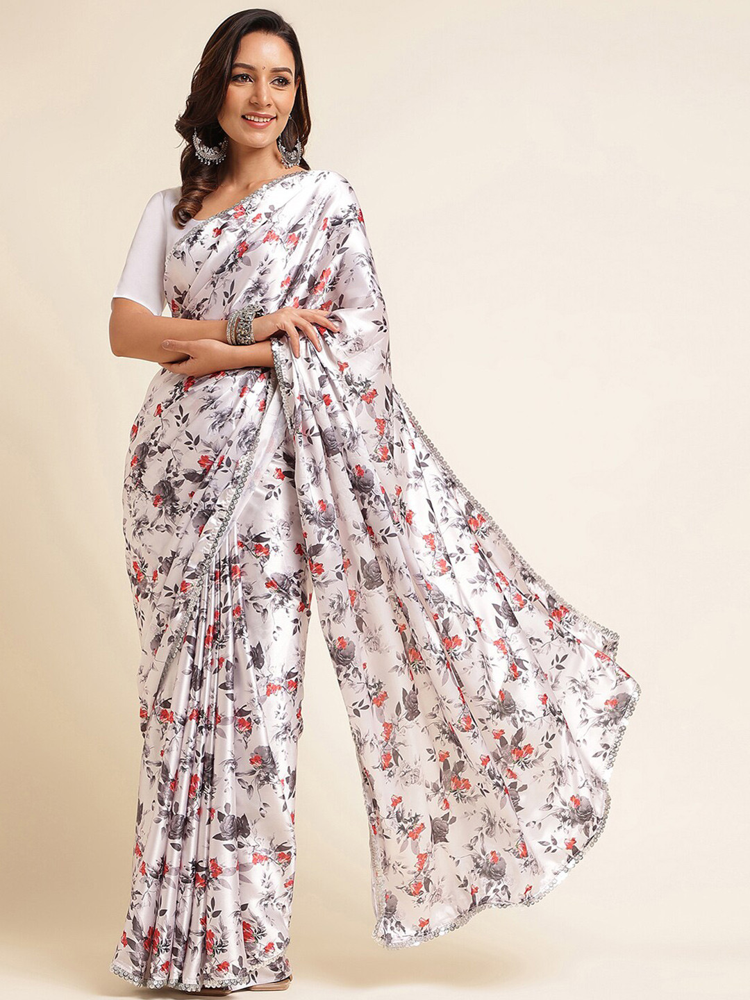 

kasee Floral Printed Sequinned Satin Saree, White