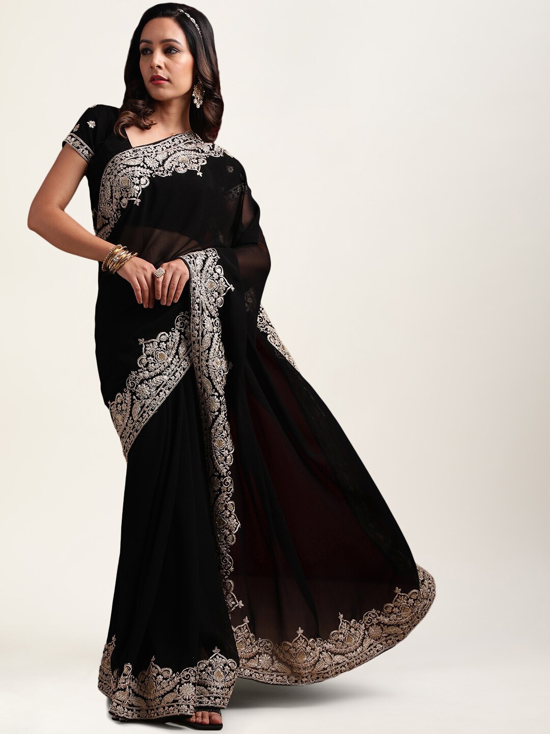 

kasee Ethnic Motifs Sequinned Embroidered Saree, Black