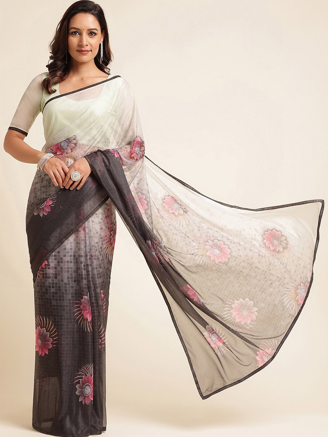 

kasee Floral Printed Beads And Stones Art Silk Saree, Grey