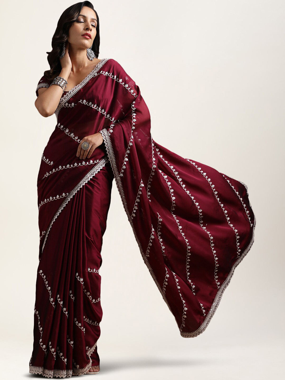

kasee Striped Sequinned Embroidered Pure Silk Saree, Burgundy