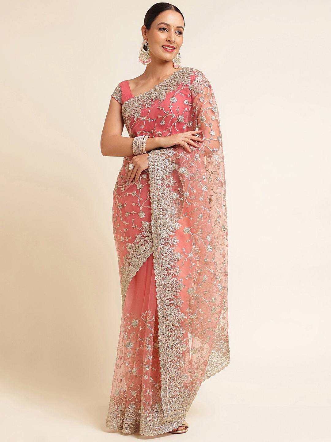 

kasee Ethnic Motifs Beads & Stones Embroidered Net Saree, Pink