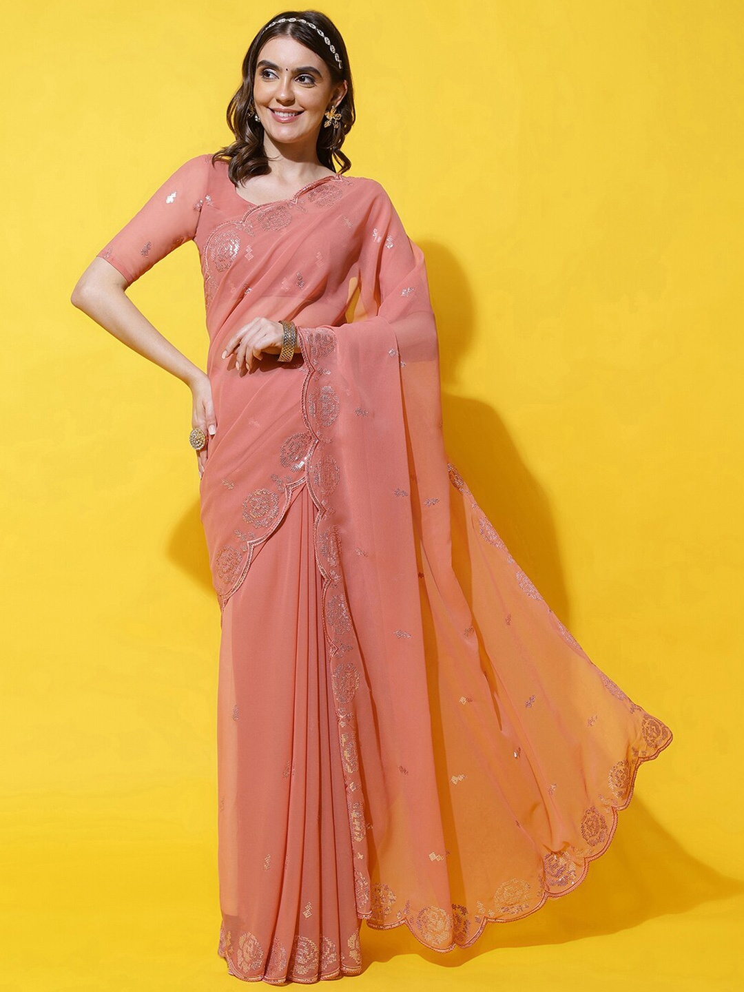 

kasee Ethnic Motifs Sequinned Embroidered Saree, Pink