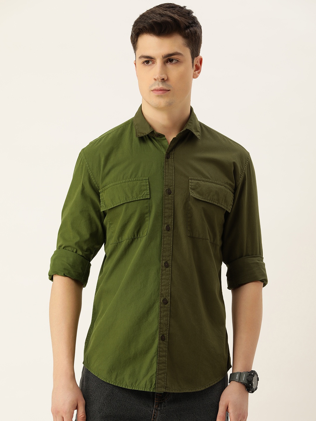 

Bene Kleed Men Slim Fit Opaque Dyed Colourblocked Pure Cotton Casual Shirt, Olive