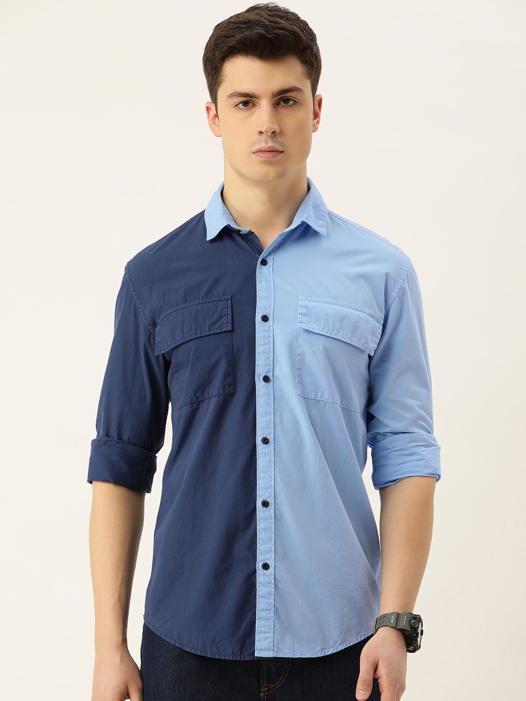 

Bene Kleed Men Slim Fit Dyed Colourblocked Pure Cotton Casual Shirt, Blue