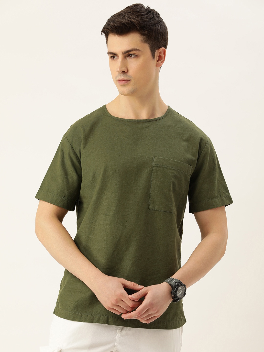 

Bene Kleed Round Neck Dyed Cotton Linen Woven Casual T-Shirt, Olive