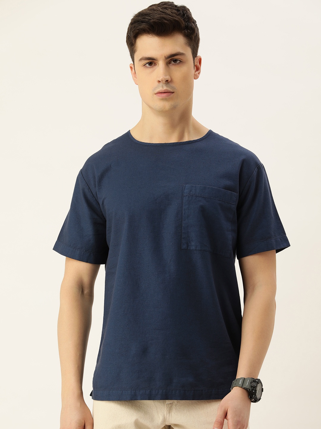 

Bene Kleed Men Round Neck Dyed Cotton Linen Woven Casual T-Shirt, Navy blue