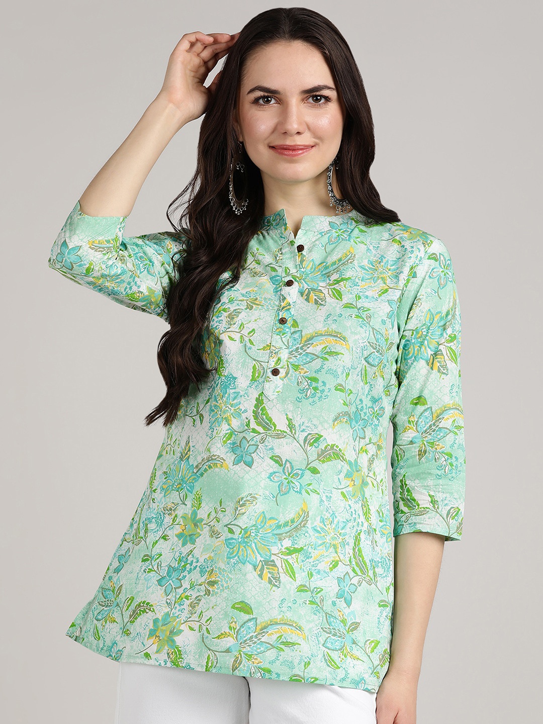 

BLOCKS OF INDIA Floral Printed Pure Cotton Kurti, Green