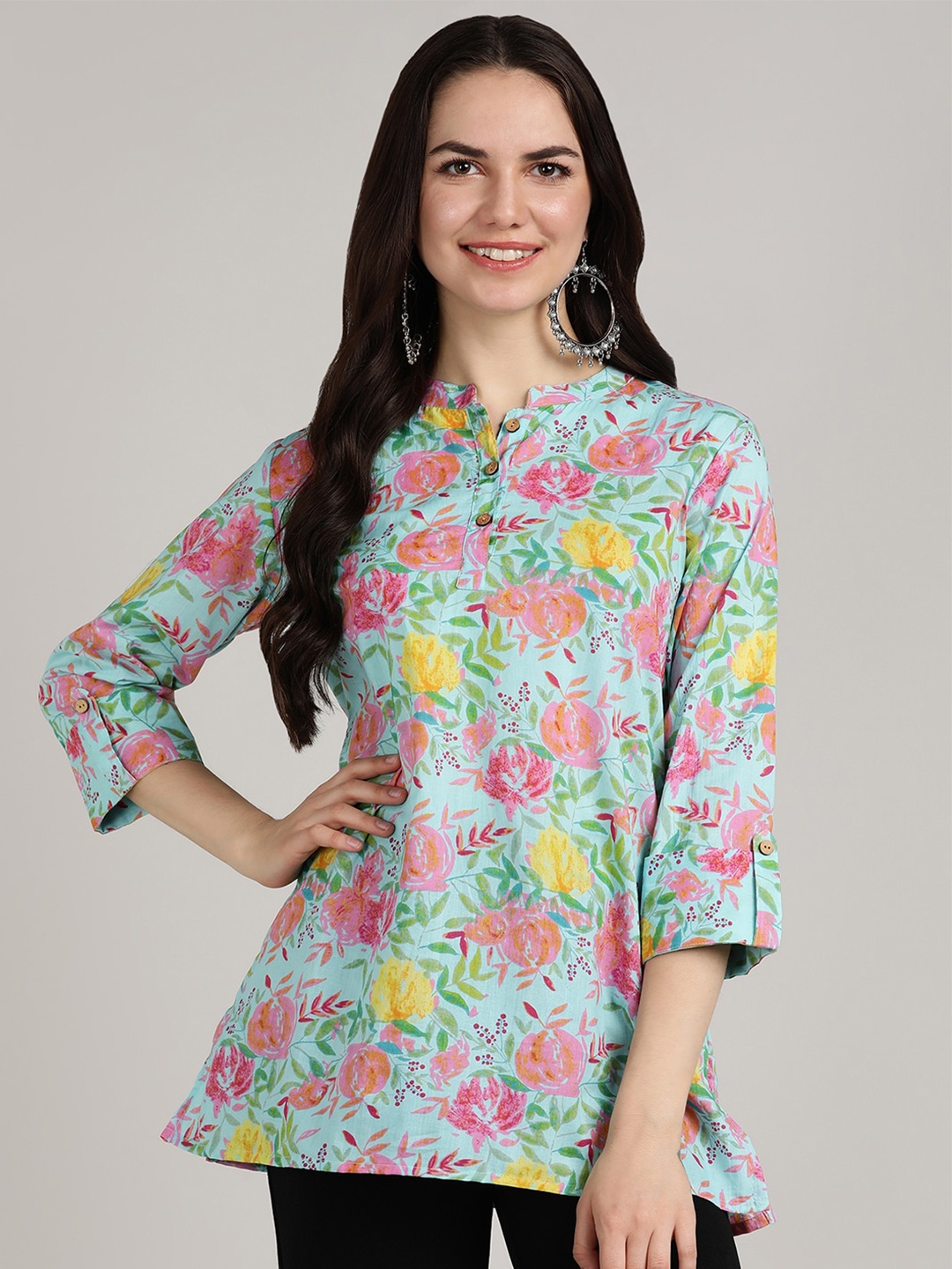 

BLOCKS OF INDIA Floral Printed Pure Cotton Kurti, Blue