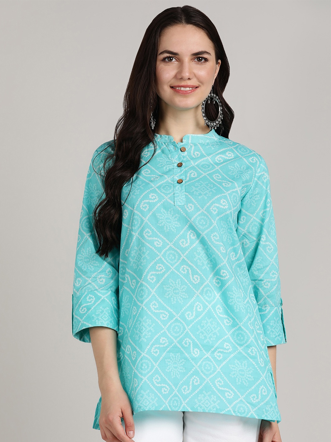 

BLOCKS OF INDIA Bandhani Printed Pure Cotton Kurti, Turquoise blue