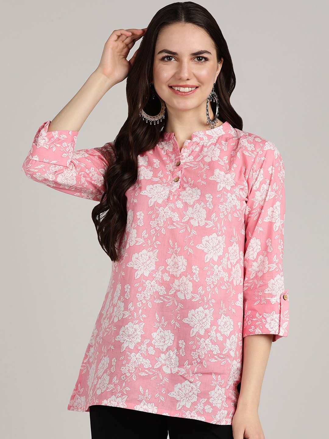 

BLOCKS OF INDIA Floral Printed Pure Cotton Kurti, Pink