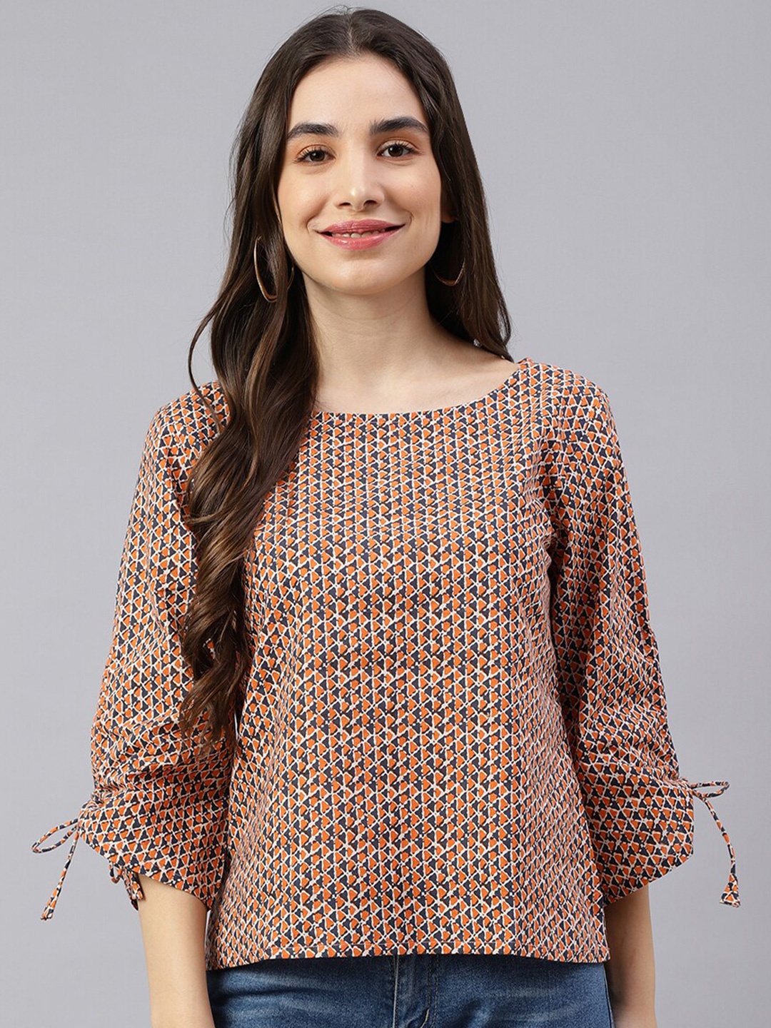 

KALINI Geometric Printed Round Neck Cotton Top, Grey